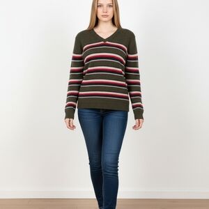 Abercrombie & Fitch Olive Striped V-Neck Sweater 100% Wool Luxury Xtra Warm